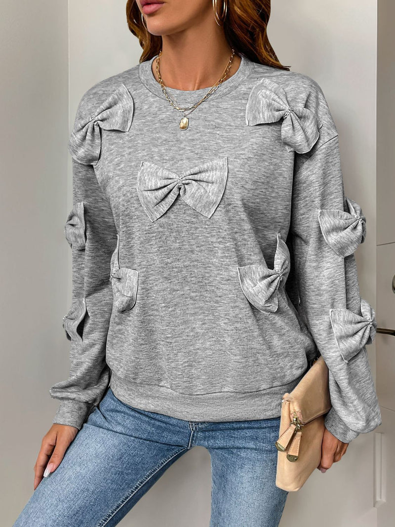 Perfee Bow Round Neck Long Sleeve Sweatshirt