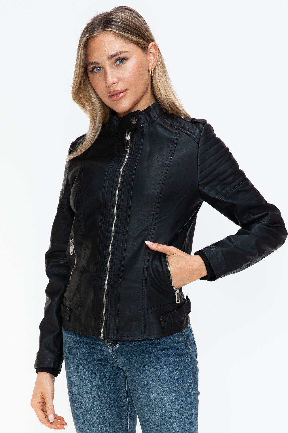 Snobbish PU Leather Biker Jacket with Side Zip Pockets