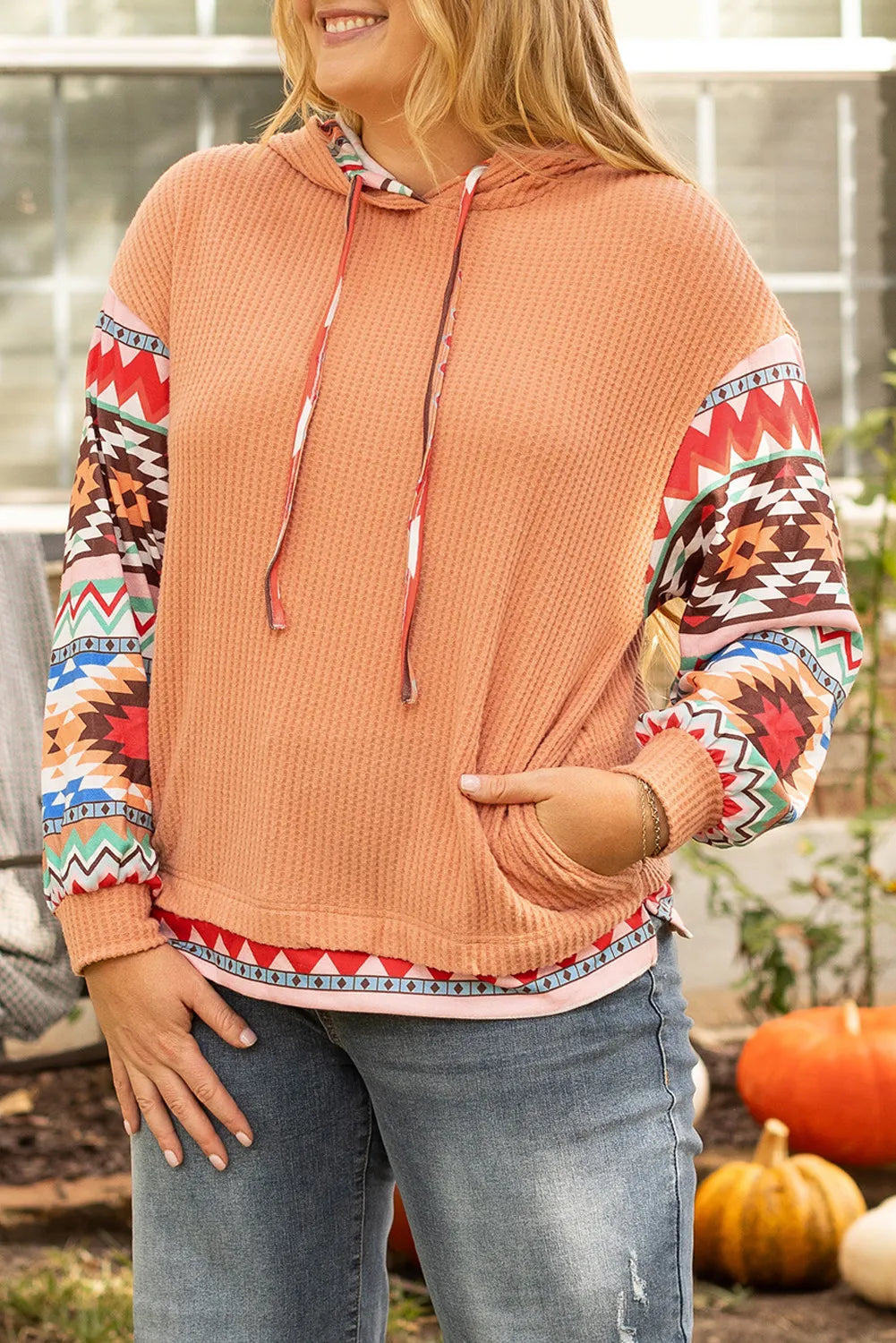 Plus Size Drawstring Geometric Long Sleeve Hoodie