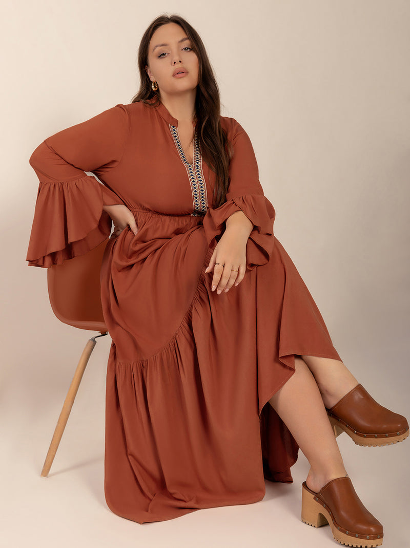 Plus Size Ruffled Notched Long Sleeve Midi Dress