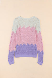 Color Block Openwork Hollow Boat Neck Sweater