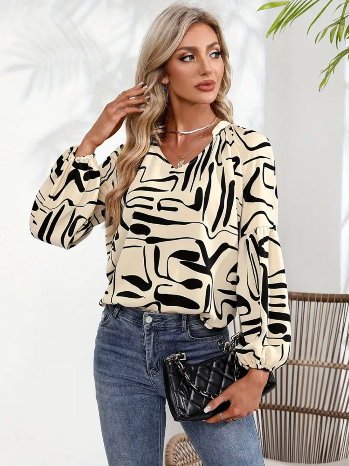 Printed Notched Long Sleeve Blouse