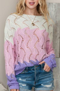 Color Block Openwork Hollow Boat Neck Sweater