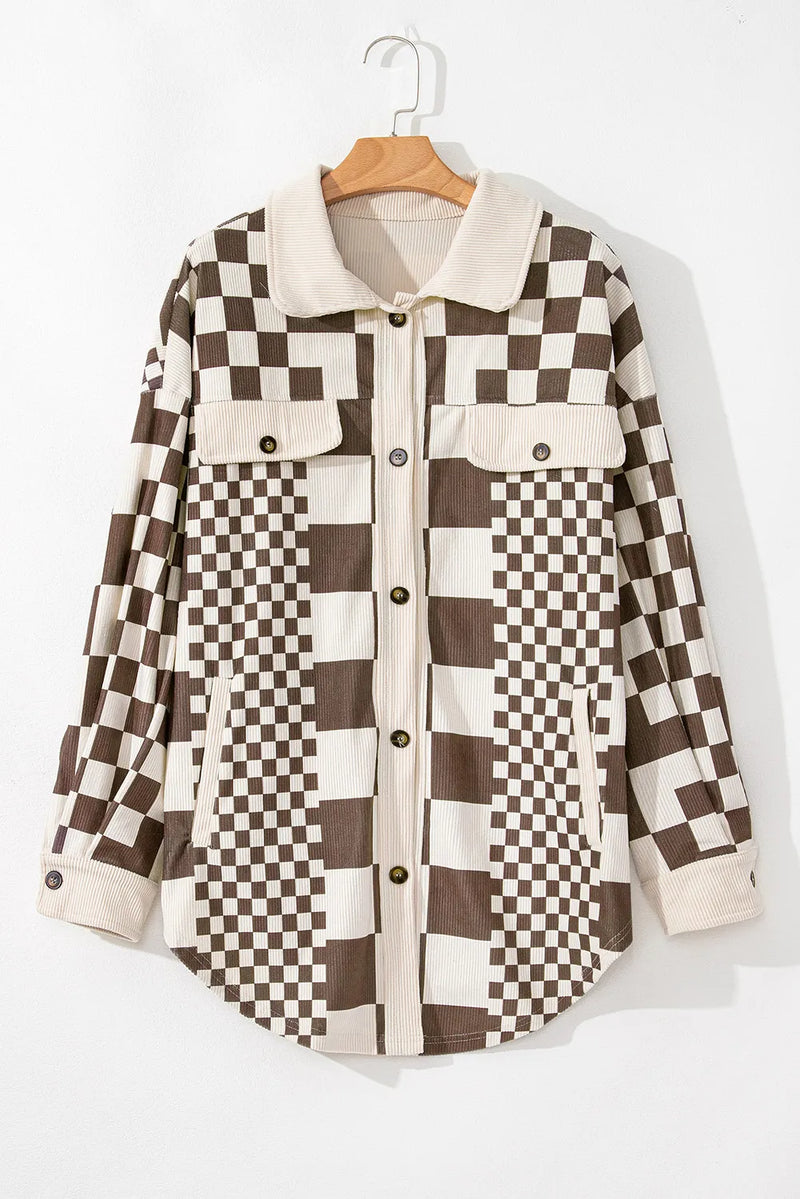 Plus Size Checkered Button Up Long Sleeve Jacket