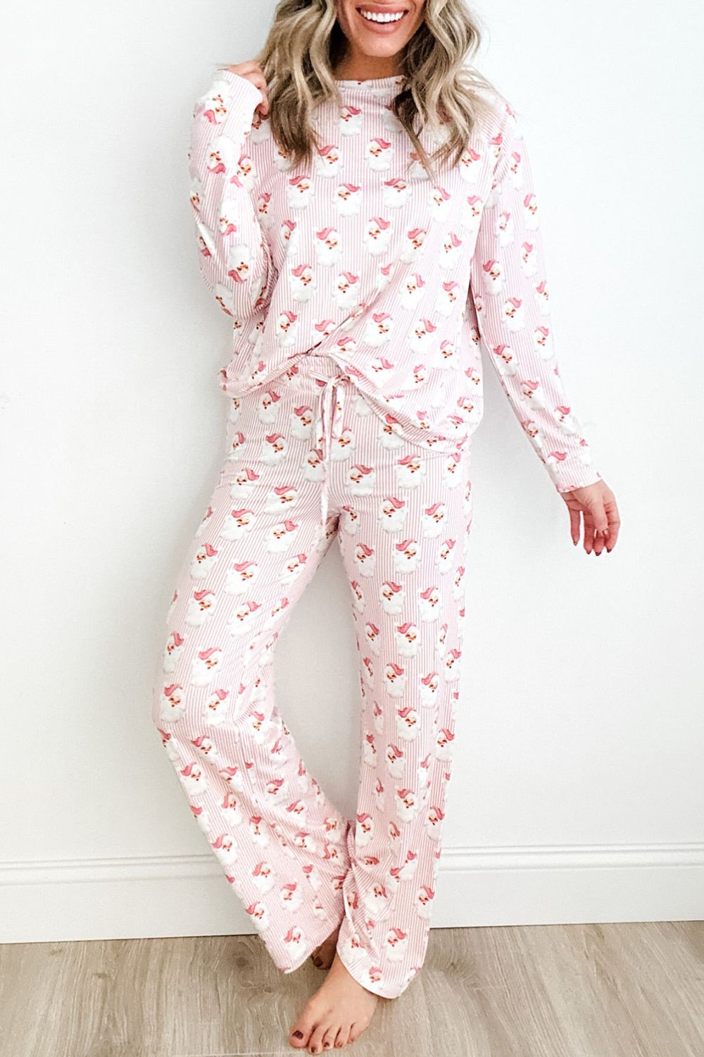 Santa Print Long Sleeve Top and Pants Lounge Set