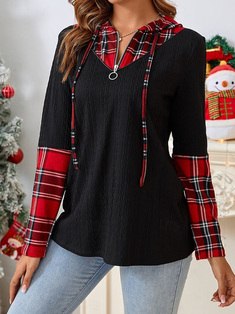 Plaid Quarter Zip Hooded T-Shirt