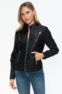 Snobbish Faux Leather Zip Up Mock Neck Jacket