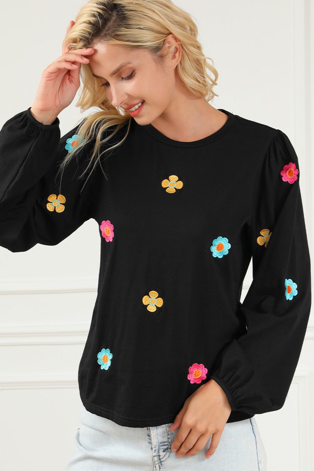 Flower Round Neck Long Sleeve Sweater