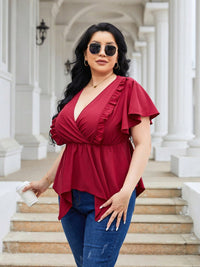 Plus Size Frill Surplice Flutter Sleeve Blouse