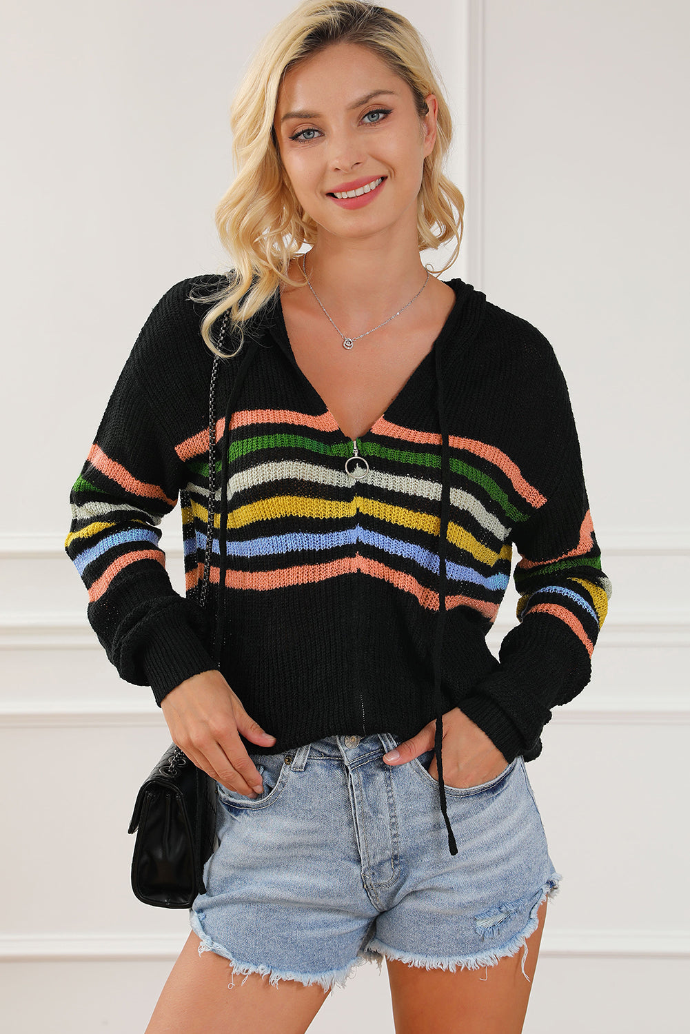 Striped Zip Up Hooded Sweater Cardigan