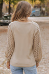 Waffle-Knit Round Neck Long Sleeve Blouse