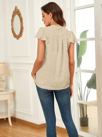 Swiss Dot Notched Cap Sleeve Blouse