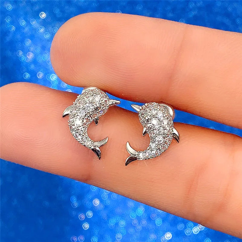 Small Rhinestone Encrusted Dolphin Shaped Stud Earrings