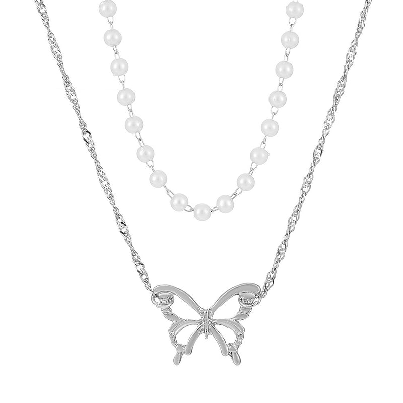 Butterfly & Pearls Layered Short Necklace
