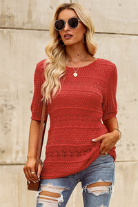 Openwork Round Neck Half Sleeve Knit Top